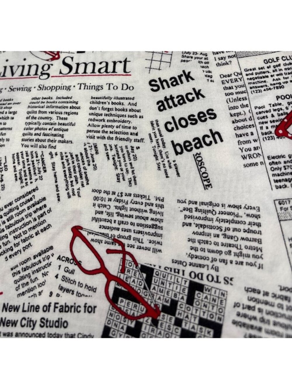 Newspaper-Themed Quilting Cotton Fabric 1/2 yard x 44" Fun Red Accents Reading G